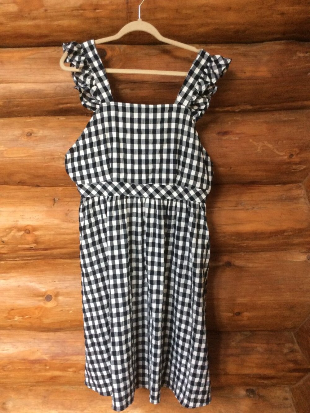 NWT Navy Blue & White Gingham Pinafore Cottagecore Ruffled Dress Size Large